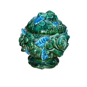 Inarco 1960s Vintage Green & Blue Floral Canister With Lid Daisies & Roses